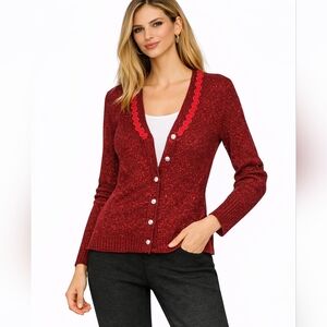 Red Silk Cardigan Lace Trim Metallic Accents Shiny Ribbed Small Medium Classy